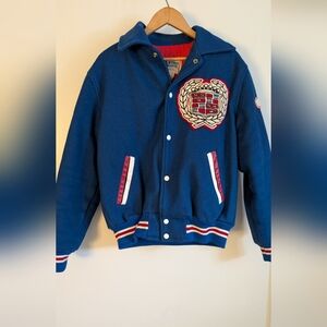 Vintage Blue Varsity Jacket with Embroidered Patch